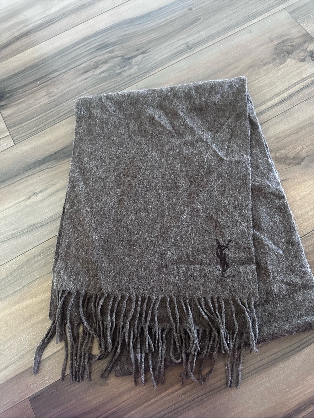 Yves Saint Laurent Gray-Brown Wool Fringe Scarf